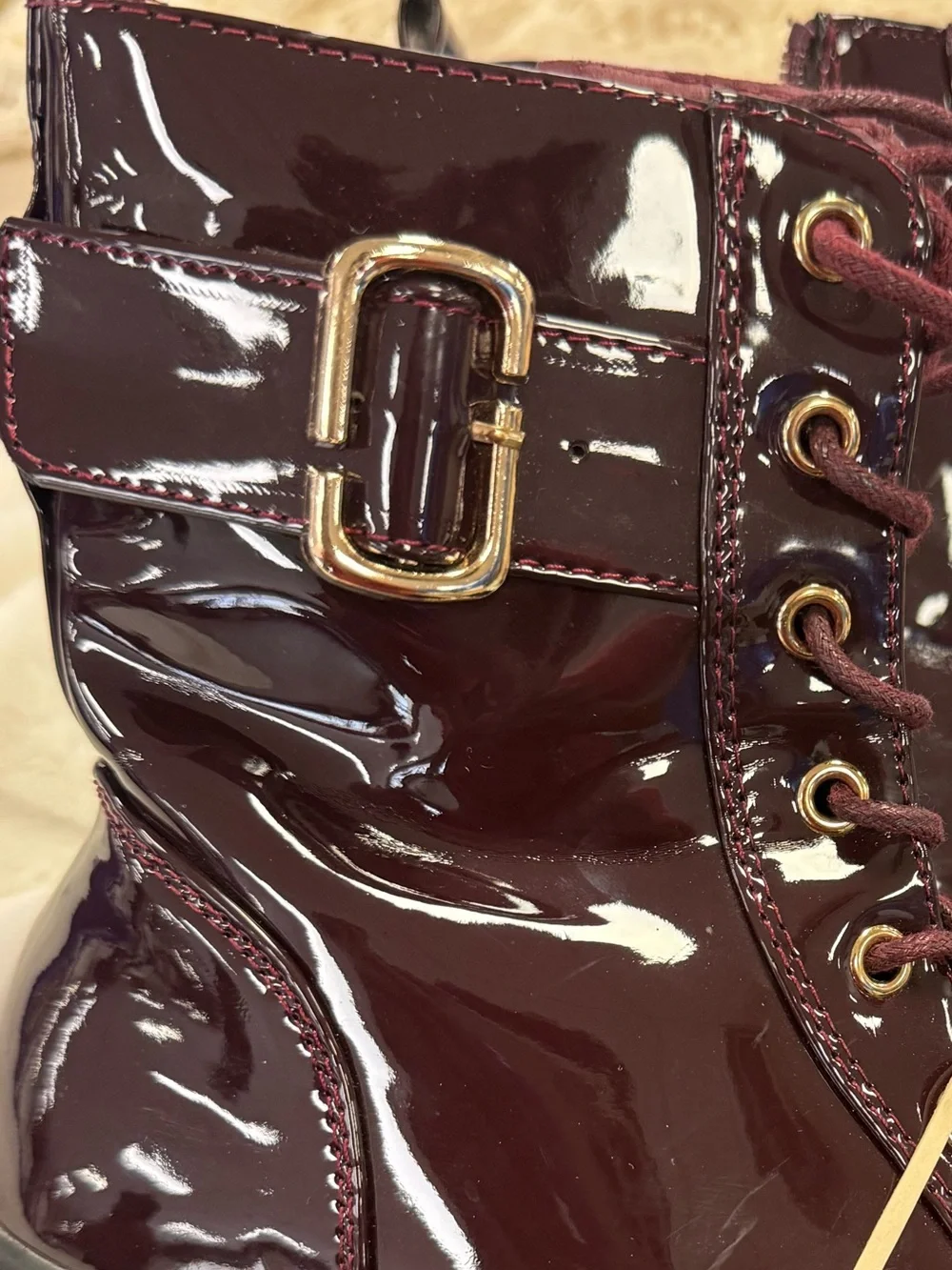 LINK Girls Size 3 Burgundy Patent Combat Boots Gold Buckles